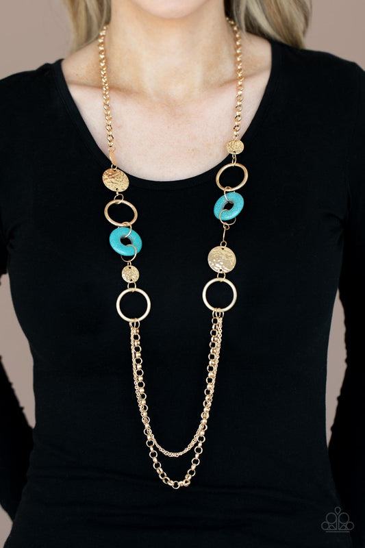 Grounded Glamour - Gold Discs & Hoops/Turquoise Stone Accent Paparazzi Necklace & matching earrings