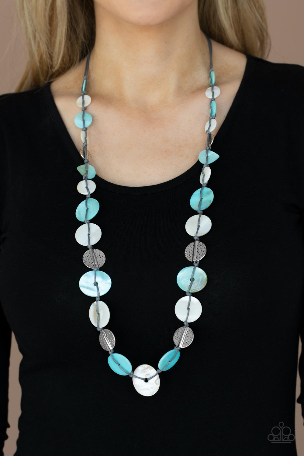 Seashore Spa - Blue & White Shell-Like Discs/Silver Hammered Discs/Gray Cording Paparazzi Necklace & matching earrings