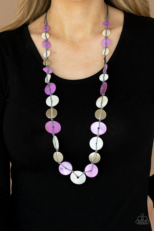 Seashore Spa - Purple & White Shell Discs/Hammered Silver Discs/Gray Cord Paparazzi Necklace & matching earrings