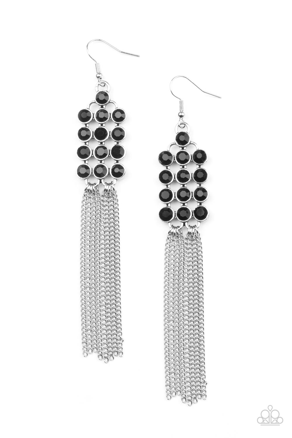 Tasteful Tassel - Black Rhinestones & Silver Chain Tassel Paparazzi Earrings