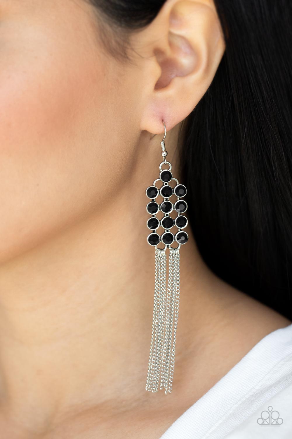 Tasteful Tassel - Black Rhinestones & Silver Chain Tassel Paparazzi Earrings