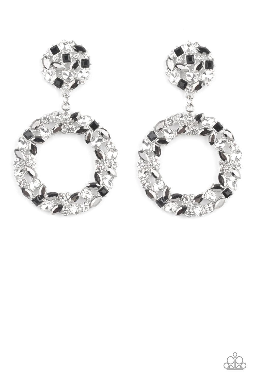 Party Ensemble - Black & White Rhinestone Wreath Paparazzi Earrings