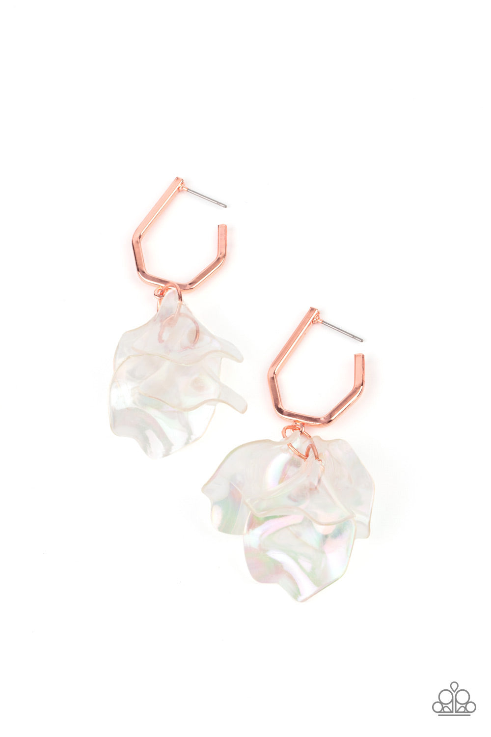 Jaw-Droppingly Jelly - Copper Geometric Hoop & Iridescent Acrylic Petals Paparazzi Earrings