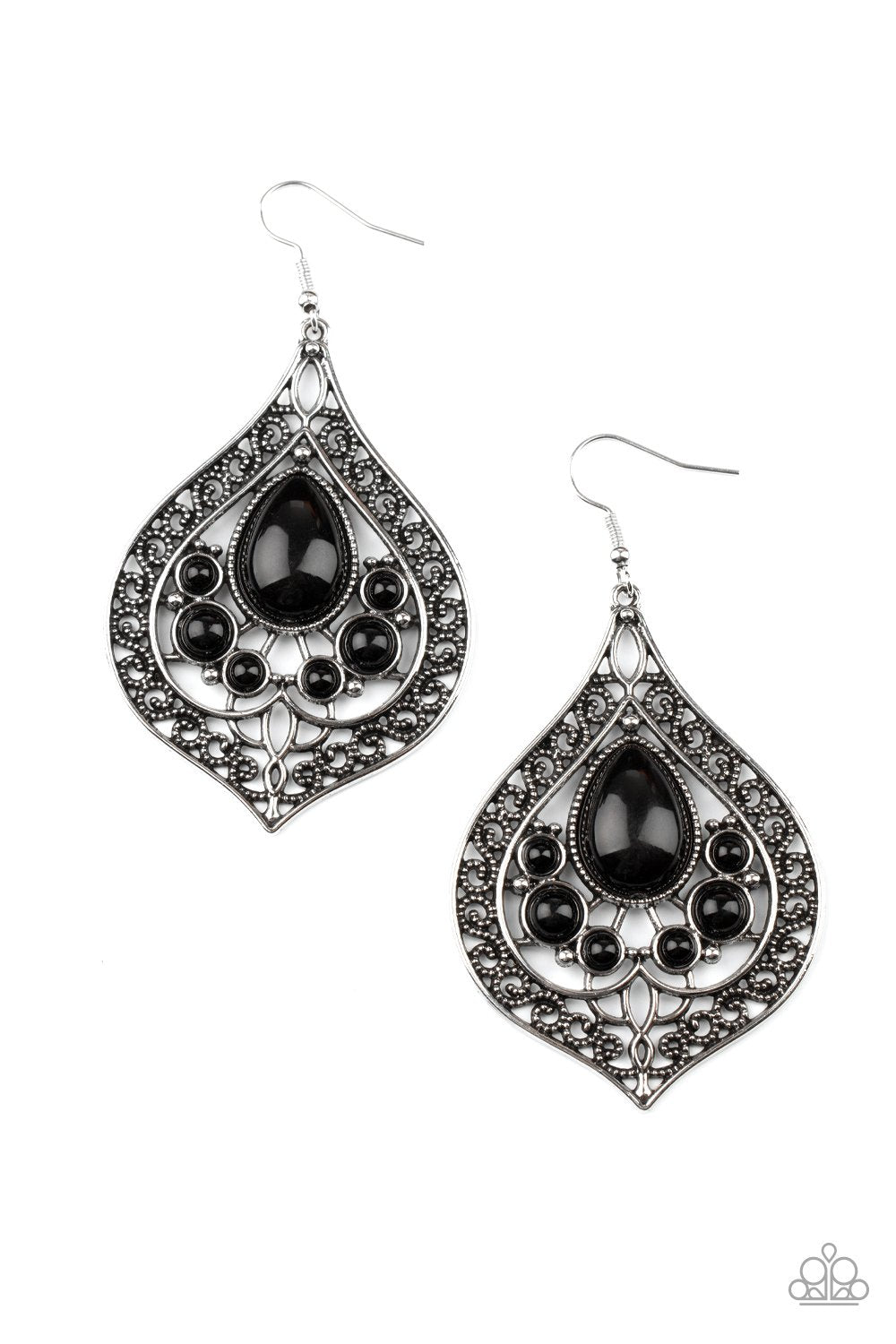 New Delhi Nouveau - Black Beaded Vine-Like Filigree Teardrop Frame Paparazzi Earrings
