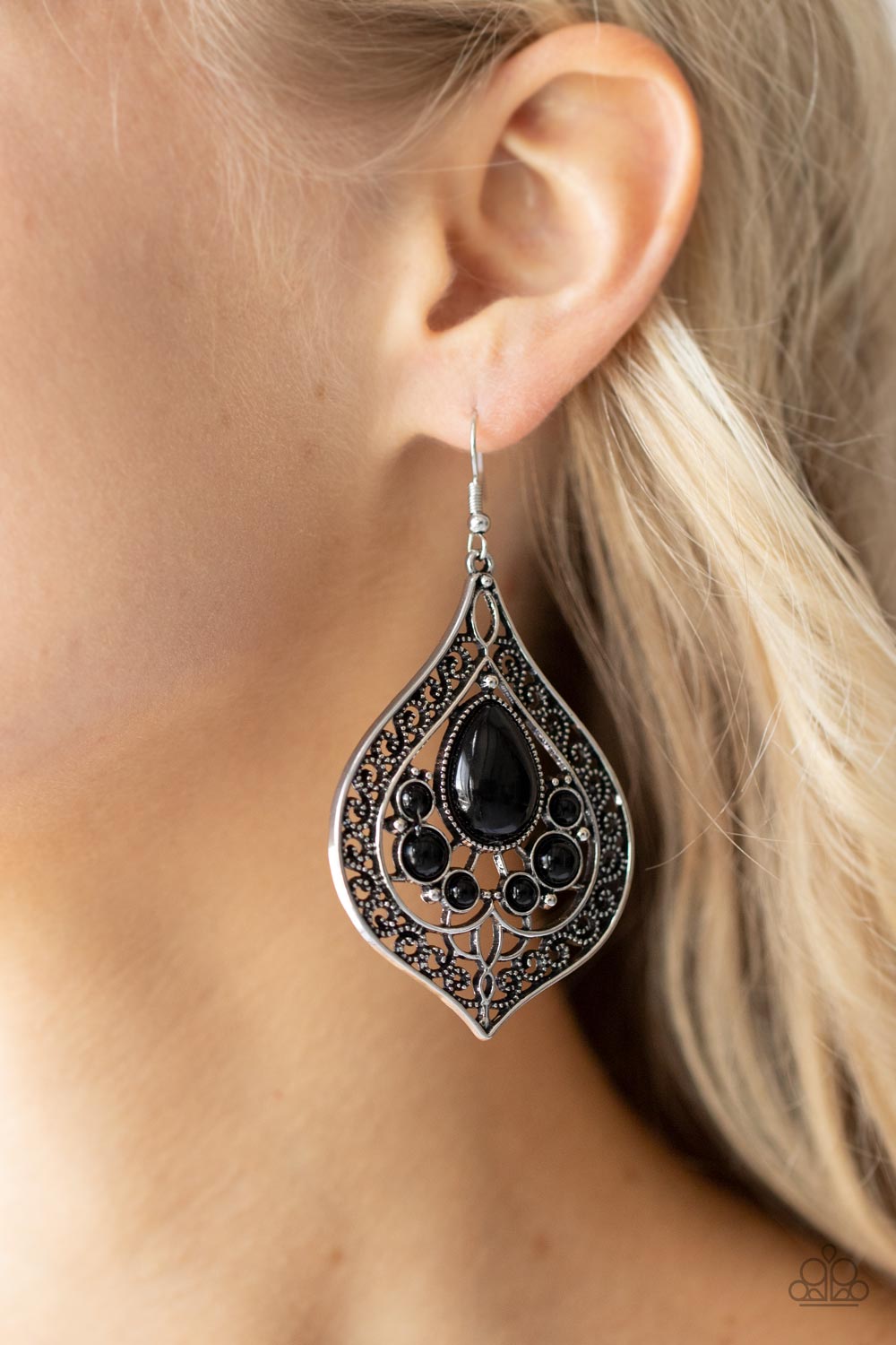New Delhi Nouveau - Black Beaded Vine-Like Filigree Teardrop Frame Paparazzi Earrings