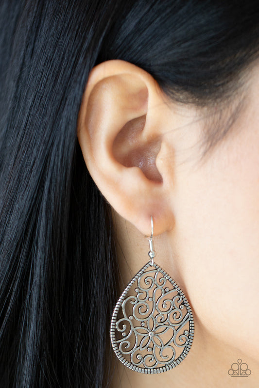 Tour de Garden - Silver Filigree Teardrop Paparazzi Earrings