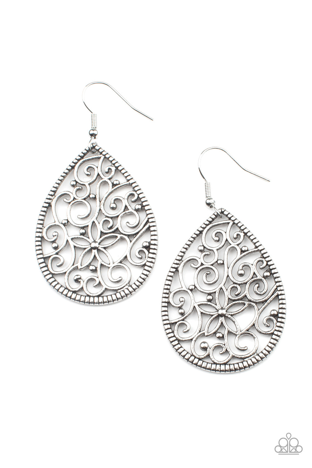 Tour de Garden - Silver Filigree Teardrop Paparazzi Earrings