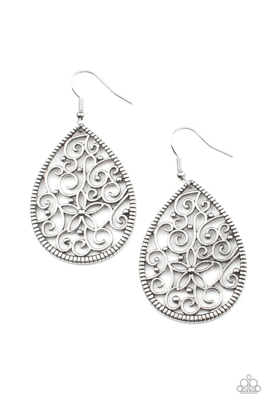 Tour de Garden - Silver Filigree Teardrop Paparazzi Earrings