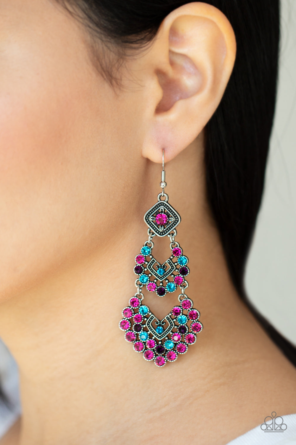 All For The GLAM - Multi Rhinestone Studded Chandelier Paparazzi Earrings