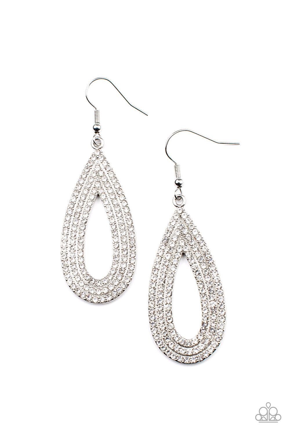 Exquisite Exaggeration - White Rhinestone Encrusted Silver Teardrop Paparazzi Earrings