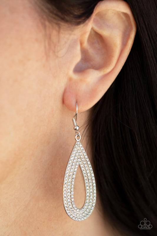 Exquisite Exaggeration - White Rhinestone Encrusted Silver Teardrop Paparazzi Earrings