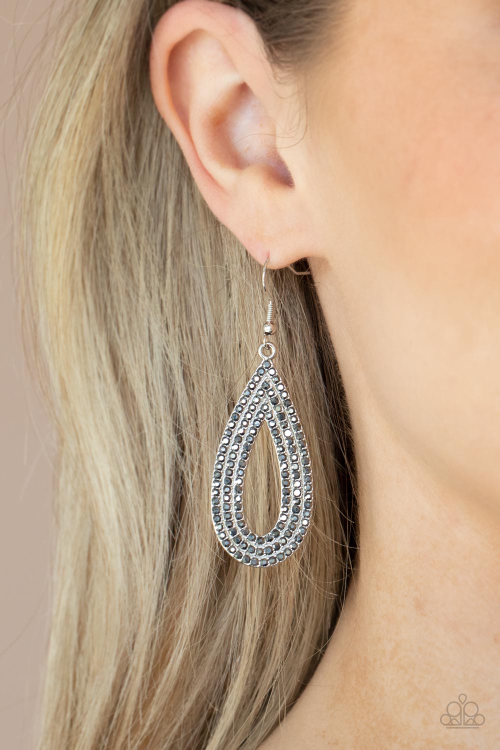 Exquisite Exaggeration - Silver Teardrop & Smoky Hematite Rhinestone Paparazzi Earrings