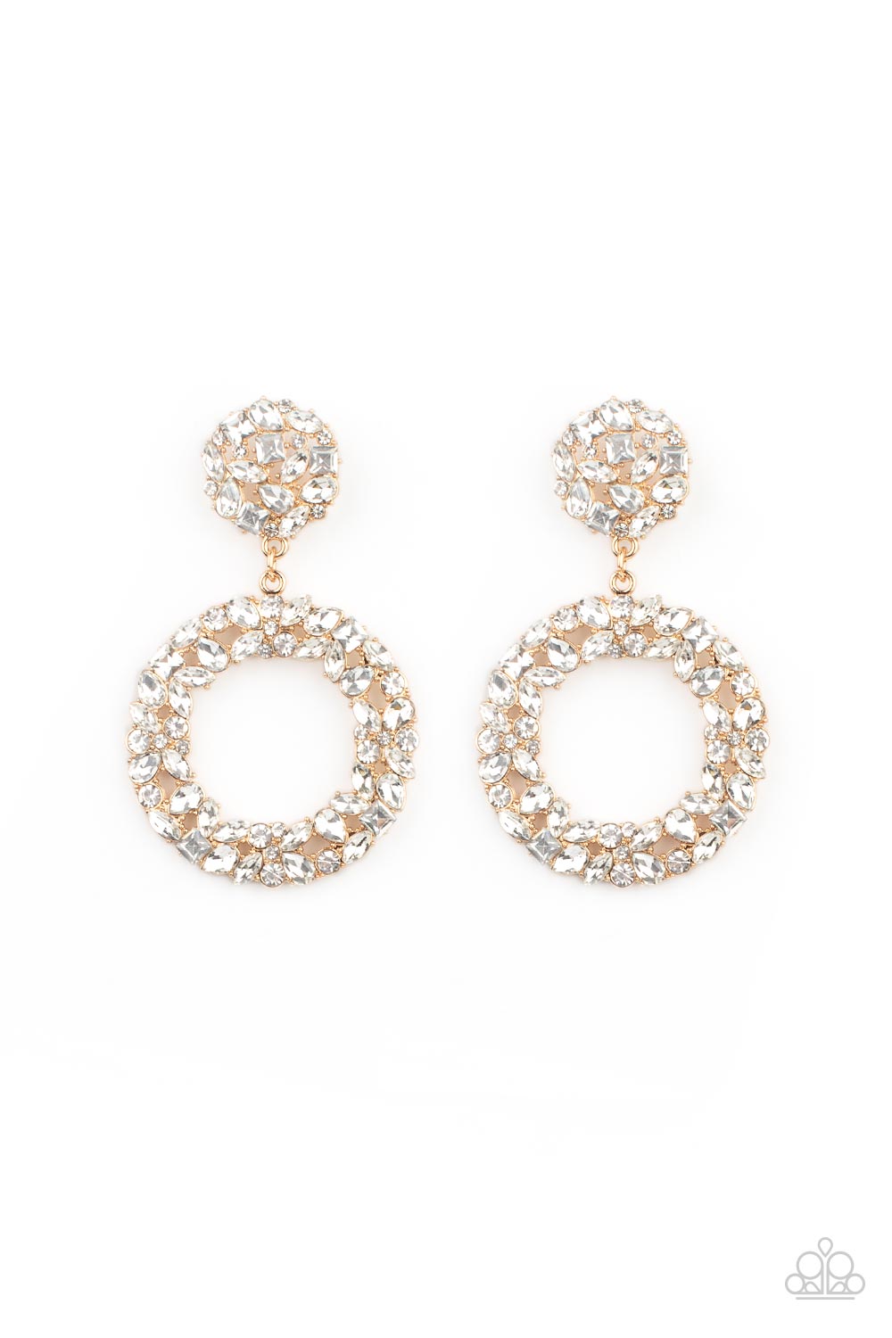 Party Ensemble - Gold & White Rhinestone Wreath Paparazzi Earrings