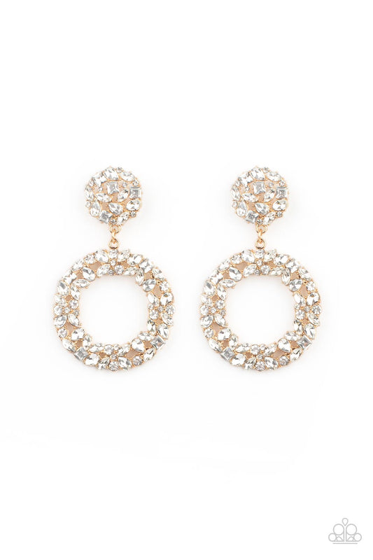 Party Ensemble - Gold & White Rhinestone Wreath Paparazzi Earrings