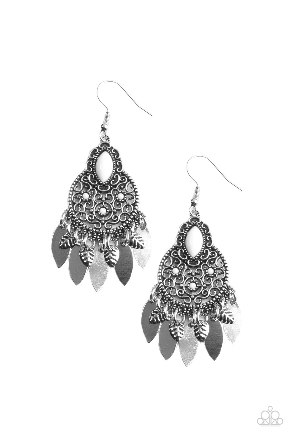 Galapagos Glamping - White Dainty Beaded Vine-Like Filigree/Flat Silver Disc Paparazzi Fringe Earrings
