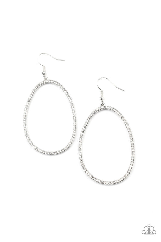 OVAL-ruled! - White Rhinestone Asymmetrical Oval Frame Paparazzi Earrings