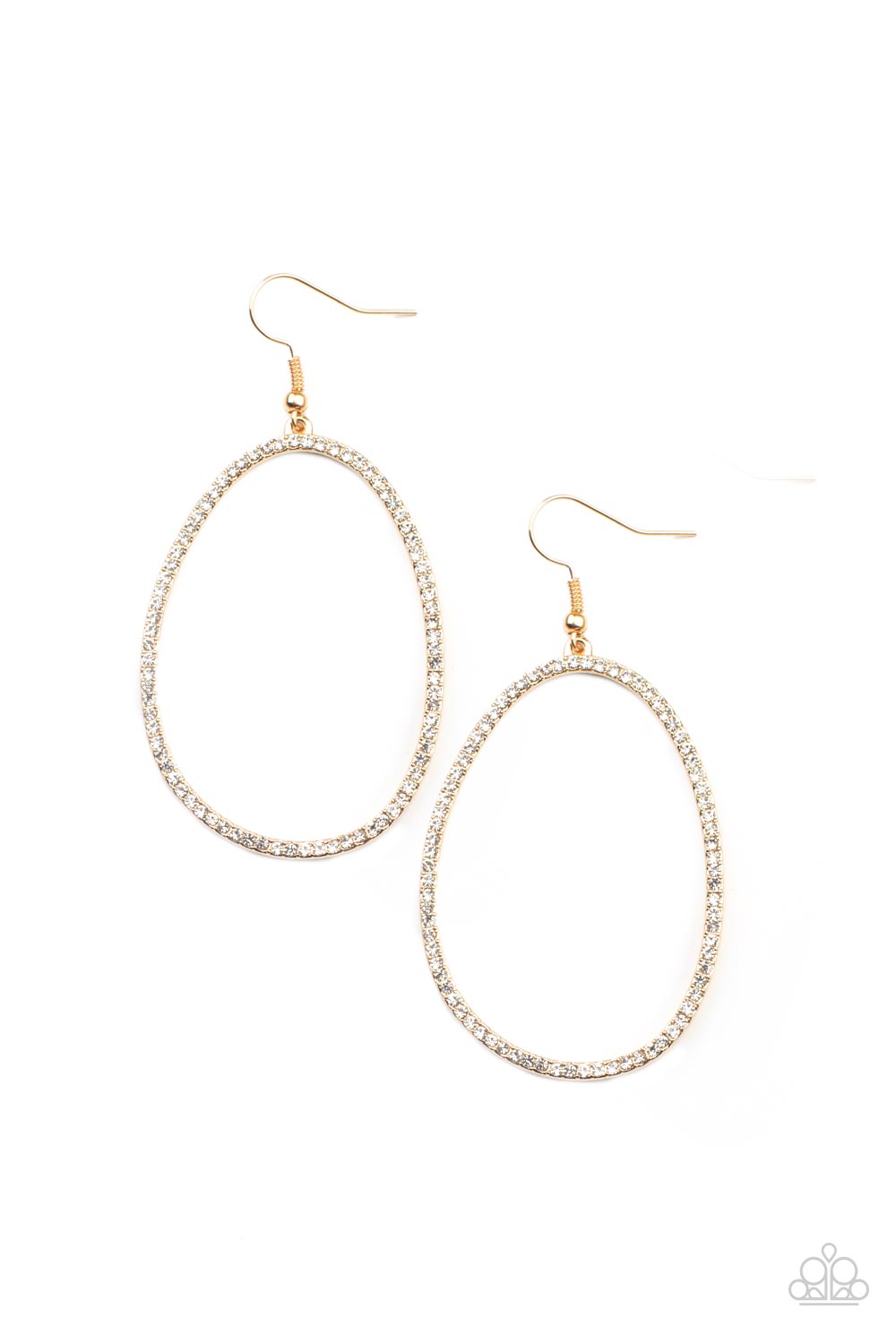 OVAL-ruled! - Gold Asymmetrical Frame & Dainty White Rhinestone Paparazzi Earrings