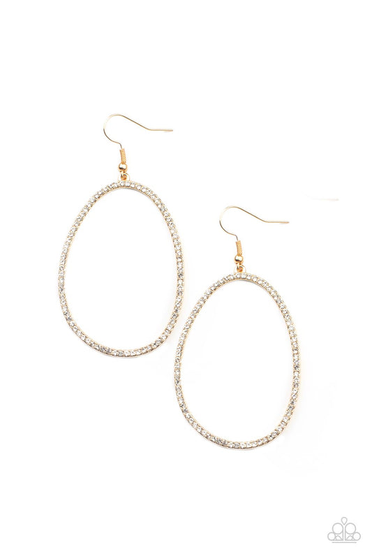 OVAL-ruled! - Gold Asymmetrical Frame & Dainty White Rhinestone Paparazzi Earrings