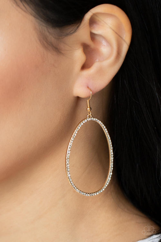 OVAL-ruled! - Gold Asymmetrical Frame & Dainty White Rhinestone Paparazzi Earrings