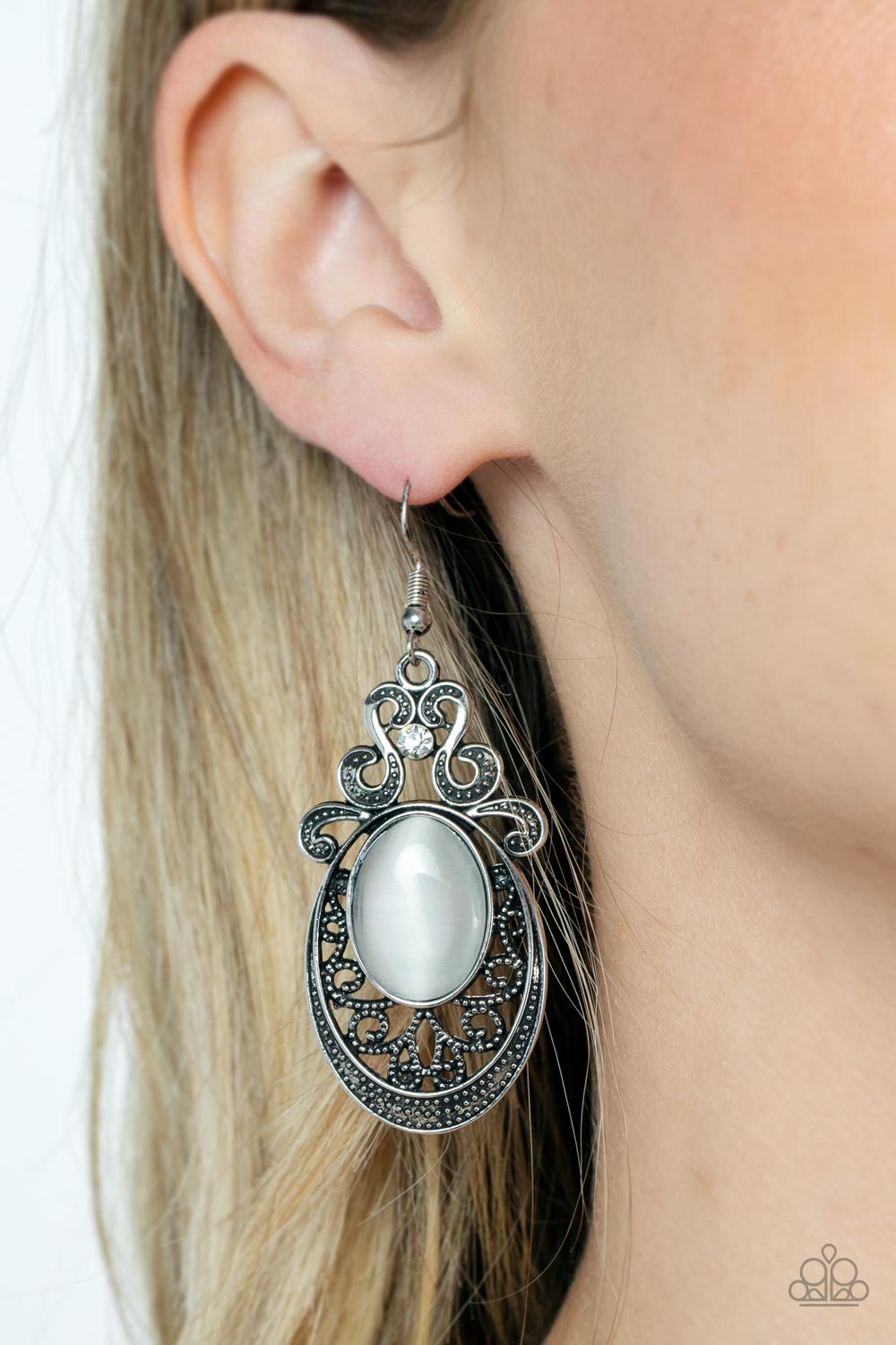 Garden Gondola Ride - White Cat's Eye Stone/Silver Filigree/White Rhinestone Paparazzi Earrings