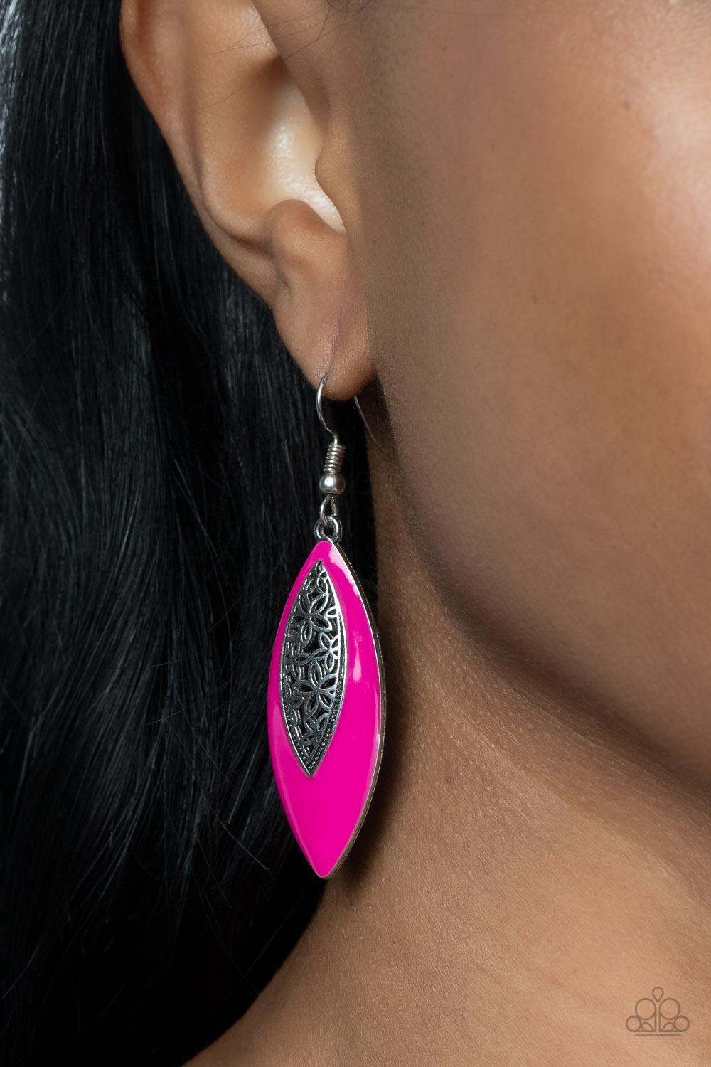 Venetian Vanity - Pink Fuchsia Fedora Frame & Airy Silver Filigree Paparazzi Earrings