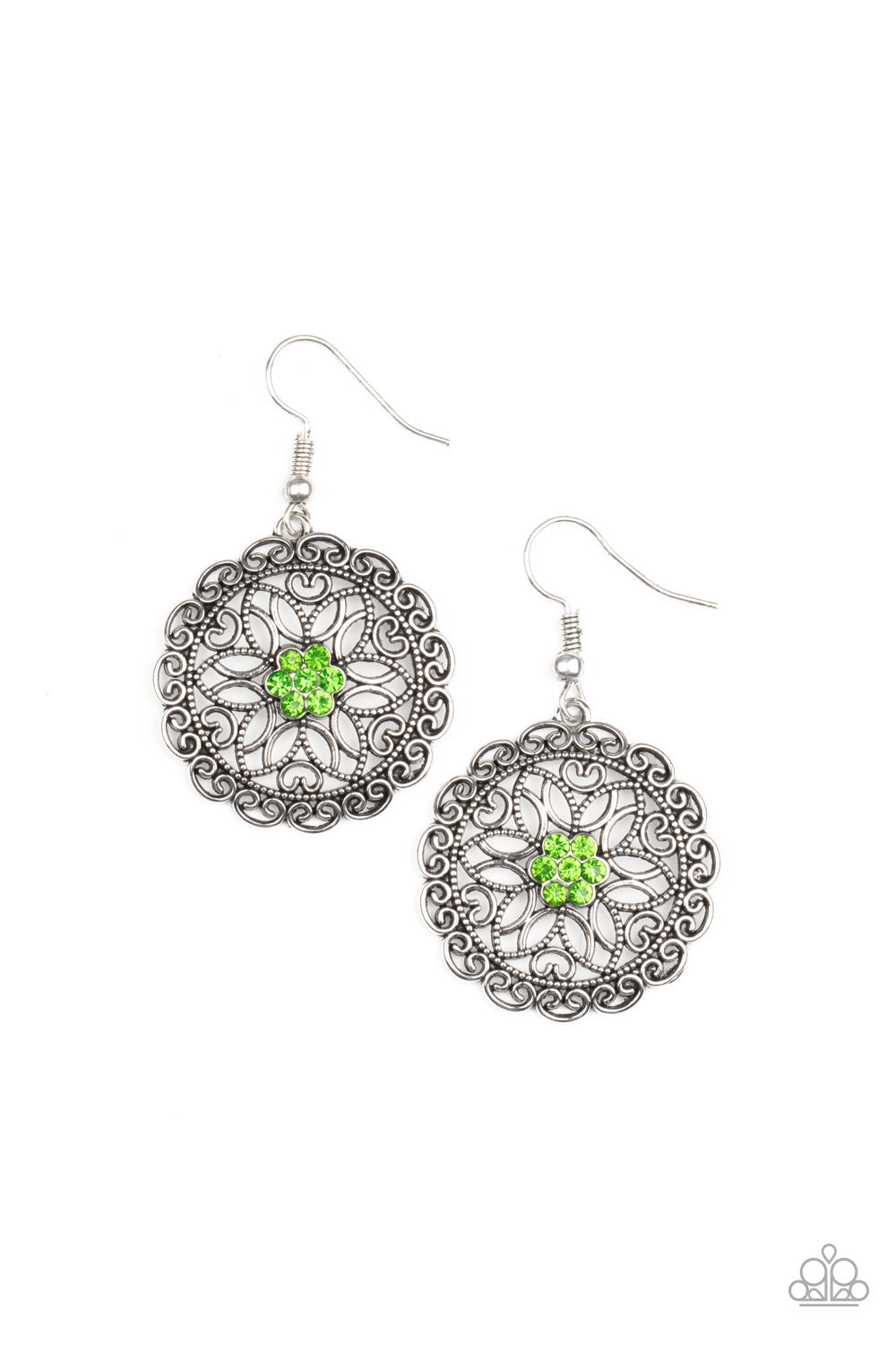 Flower Shop Sparkle - Green Rhinestone Center & Silver Filigree Flower Paparazzi Earrings