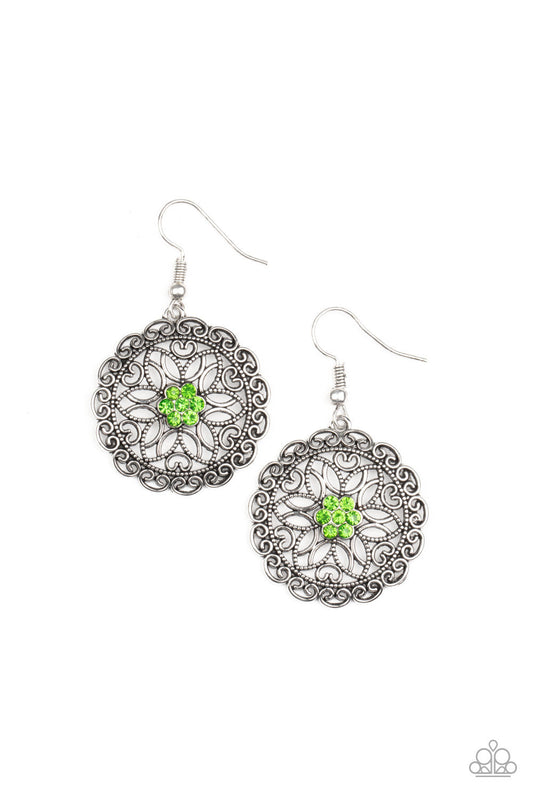 Flower Shop Sparkle - Green Rhinestone Center & Silver Filigree Flower Paparazzi Earrings