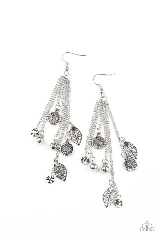 A Natural Charmer - Silver Charms, Silver Chain, & Opalescent Gray Rhinestone Paparazzi Tassel Earrings