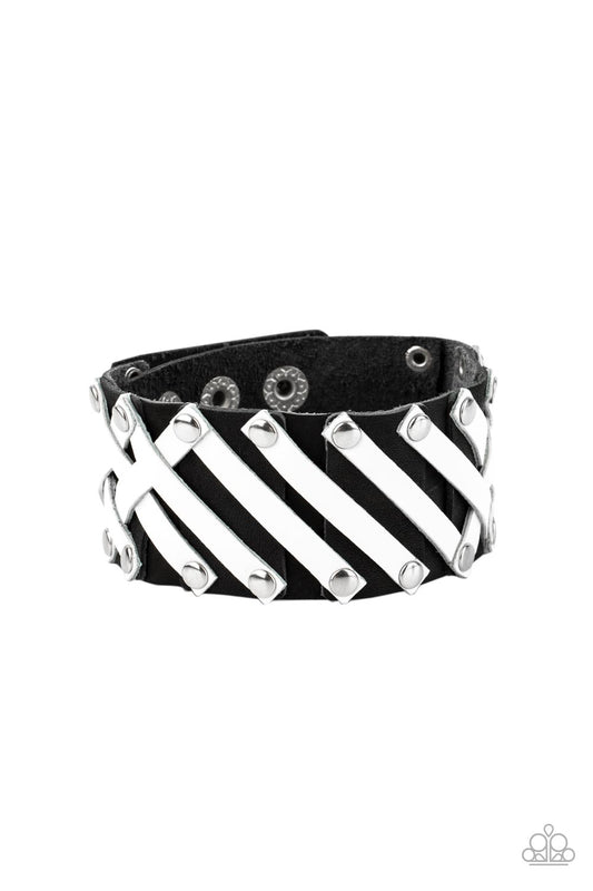 Rebel Rumble - Black & White Leather Crisscrossed Texture Paparazzi Men's Snap Bracelet