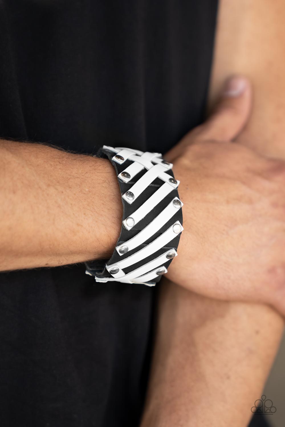 Rebel Rumble - Black & White Leather Crisscrossed Texture Paparazzi Men's Snap Bracelet