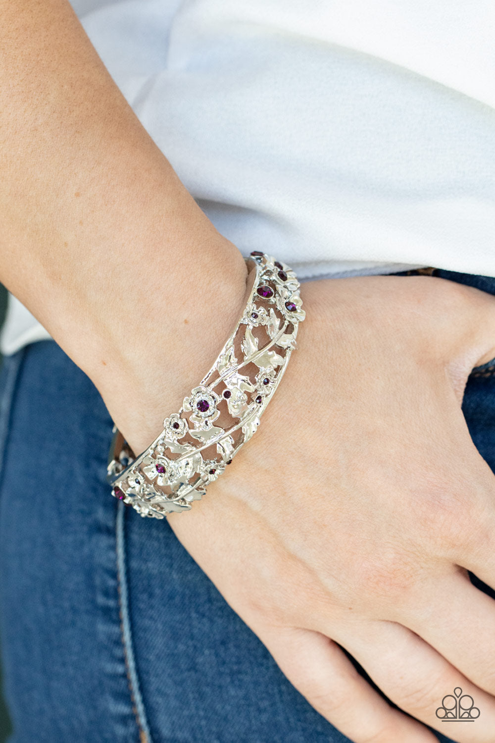 Ripe for the Picking - Purple Dainty Rhinestones & Leafy Silver Vine Paparazzi Hinge Bracelet