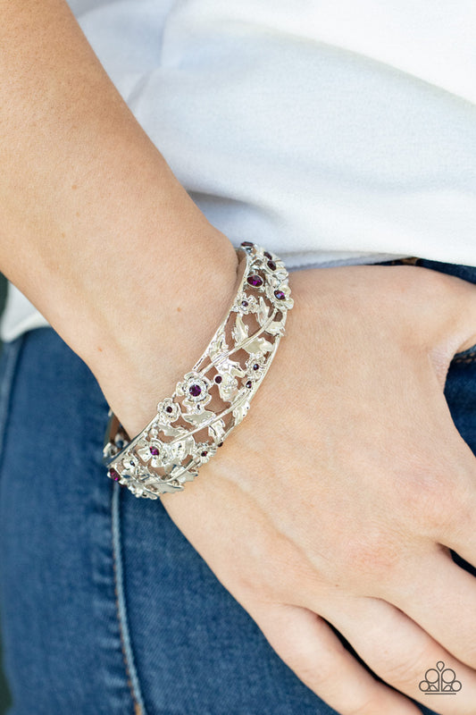 Ripe for the Picking - Purple Dainty Rhinestones & Leafy Silver Vine Paparazzi Hinge Bracelet