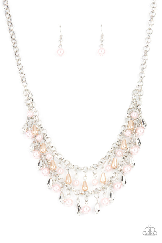 Big Money - Multi Pink & Brown Pearls and Faceted Silver Beaded Paparazzi Fringe Necklace & matching earrings