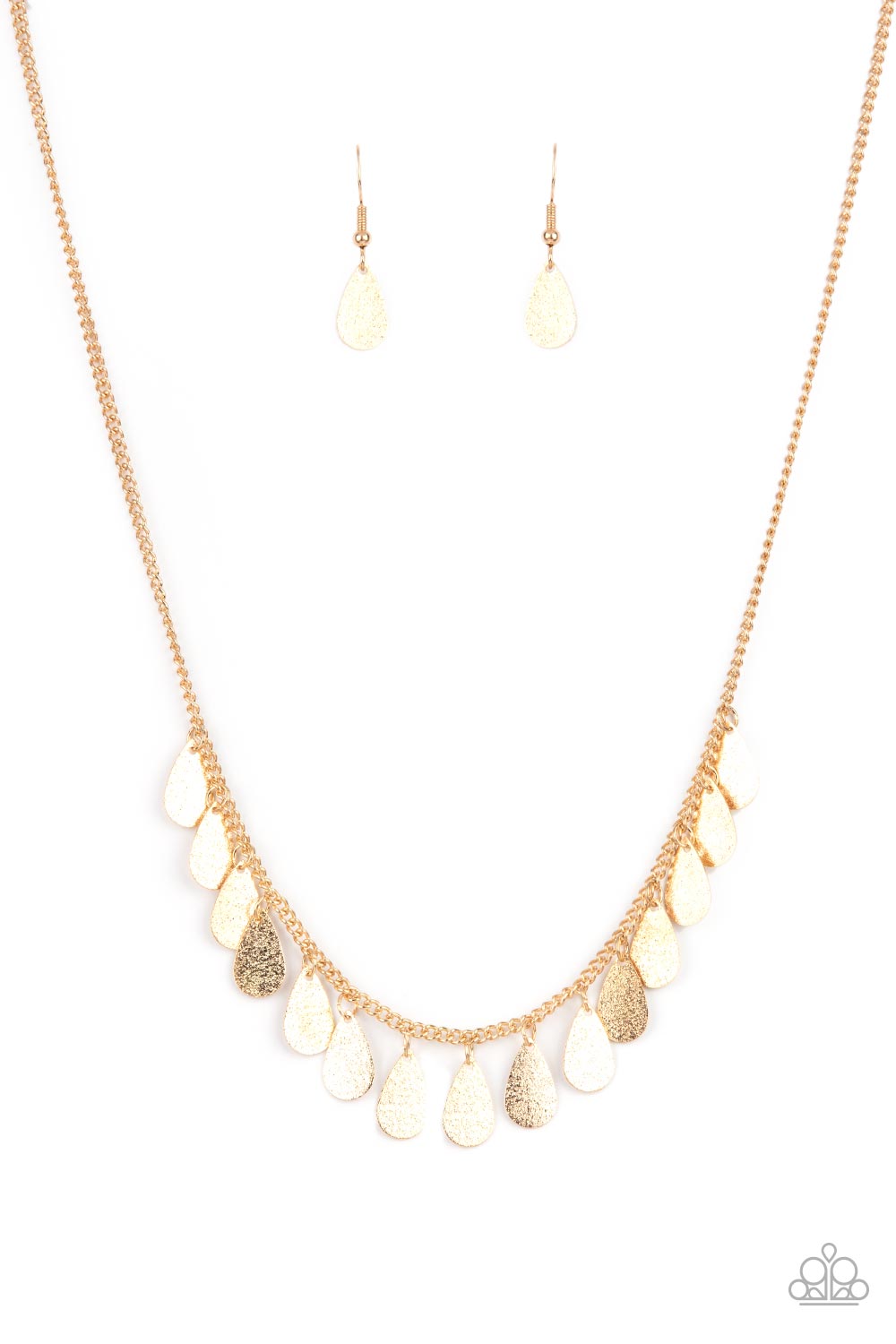 Eastern CHIME Zone - Gold Delicately Hammered Flat Gold Teardrop Fringe Paparazzi Necklace & matching earrings