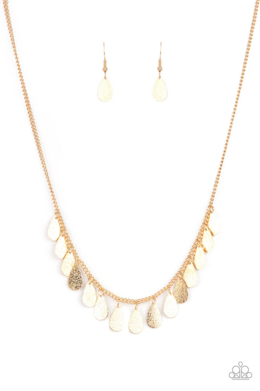 Eastern CHIME Zone - Gold Delicately Hammered Flat Gold Teardrop Fringe Paparazzi Necklace & matching earrings