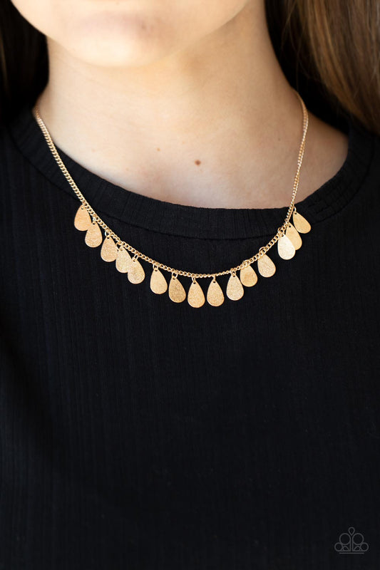 Eastern CHIME Zone - Gold Delicately Hammered Flat Gold Teardrop Fringe Paparazzi Necklace & matching earrings
