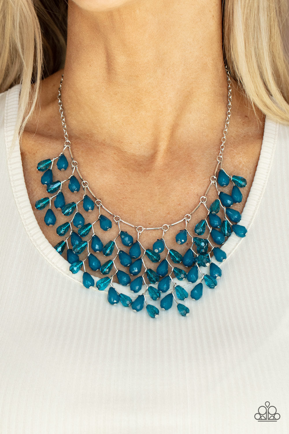 Garden Fairytale - Blue Opaque & Transparent Teardrop Beaded Leafy Fringe Paparazzi Necklace & matching earrings