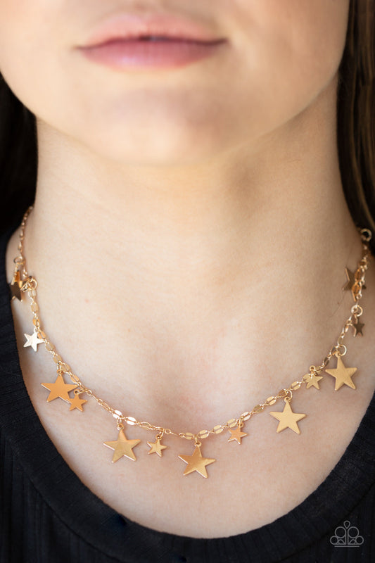 Starry Shindig - Gold Dainty Shiny Star Fringe Paparazzi Necklace & matching earrings