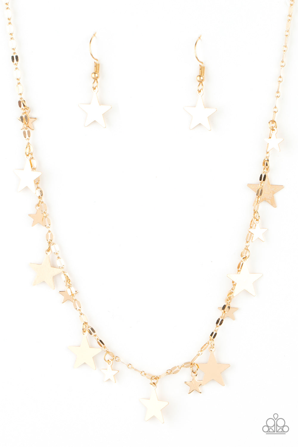 Starry Shindig - Gold Dainty Shiny Star Fringe Paparazzi Necklace & matching earrings