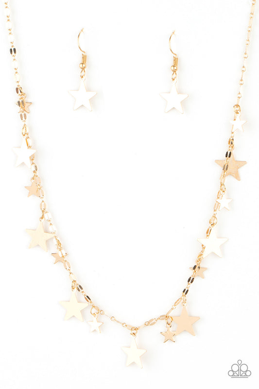 Starry Shindig - Gold Dainty Shiny Star Fringe Paparazzi Necklace & matching earrings
