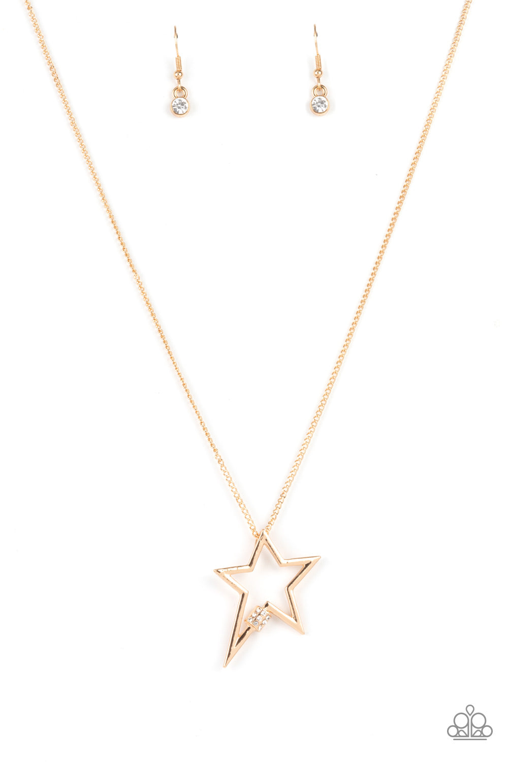 Light Up The Sky - Gold & White Rhinestone Star Pendant Paparazzi Necklace & matching earrings