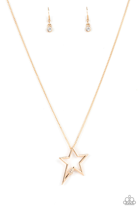 Light Up The Sky - Gold & White Rhinestone Star Pendant Paparazzi Necklace & matching earrings