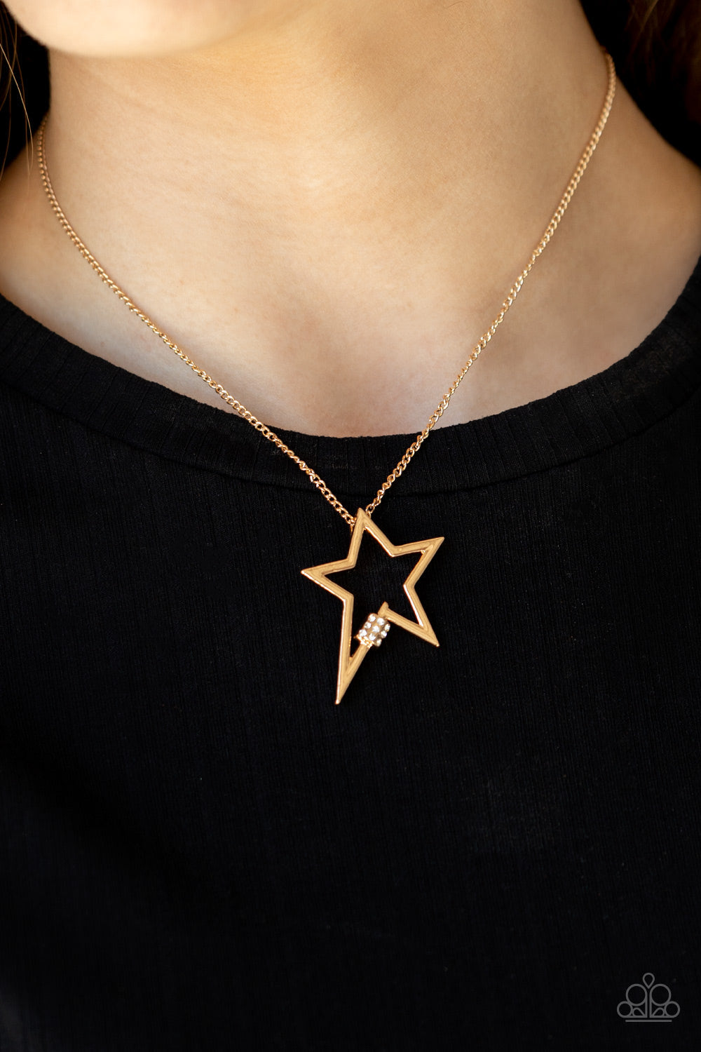 Light Up The Sky - Gold & White Rhinestone Star Pendant Paparazzi Necklace & matching earrings