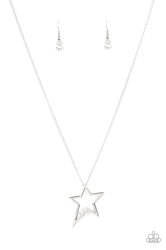 Light Up The Sky - White Rhinestone Encrusted Accent & Silver Star Pendant Paparazzi Necklace & matching earrings