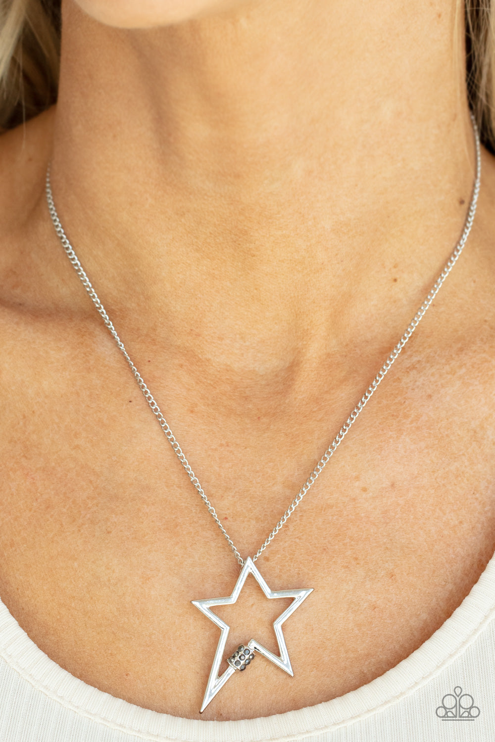 Light Up The Sky - Silver & Hematite Rhinestone Star Pendant Paparazzi Necklace & matching earrings
