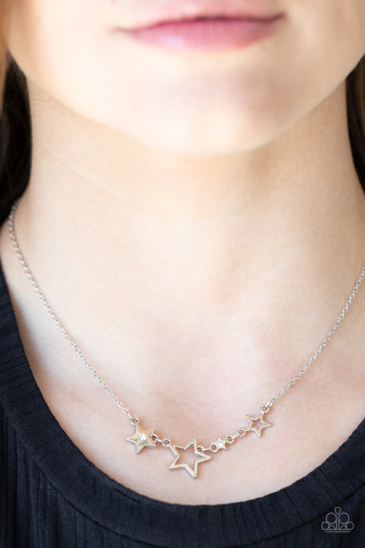 Proudly Patriotic - White Rhinestones/Airy Silver Stars Pendant Paparazzi Necklace & matching earrings