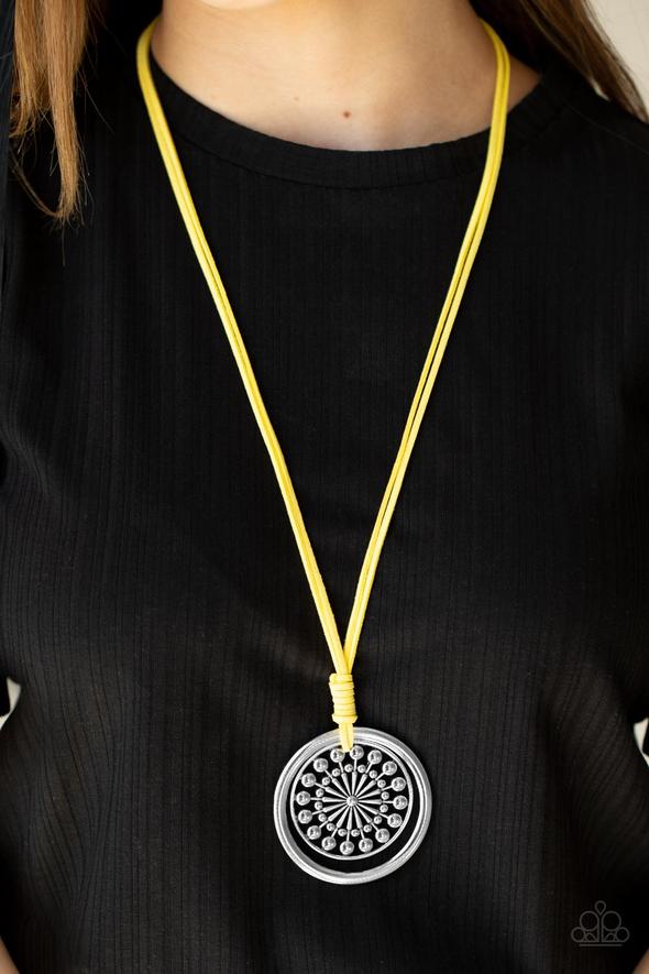 One MANDALA Show - Yellow Suede & Decorative Silver Mandala-Like Pendant Necklace & matching earrings