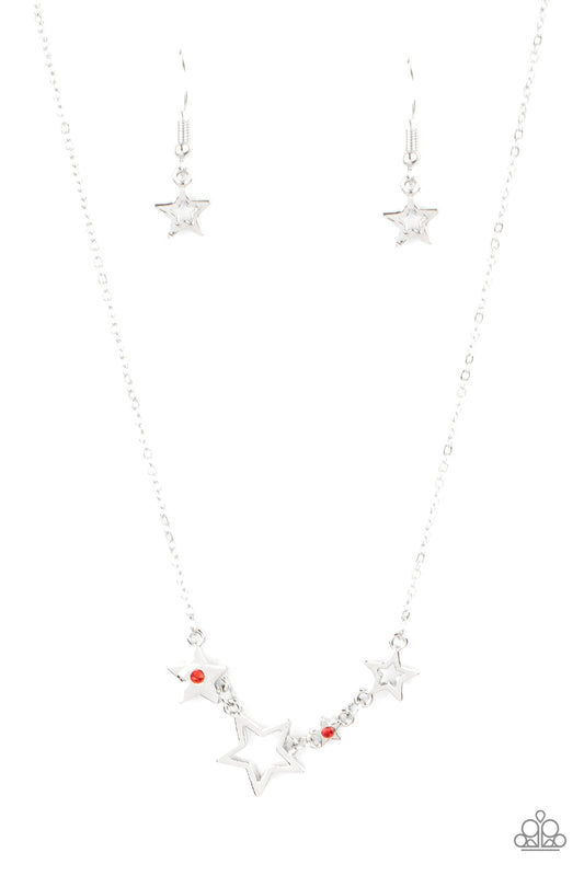 Proudly Patriotic - Red Rhinestone & Silver Star Paparazzi Necklace & matching earrings
