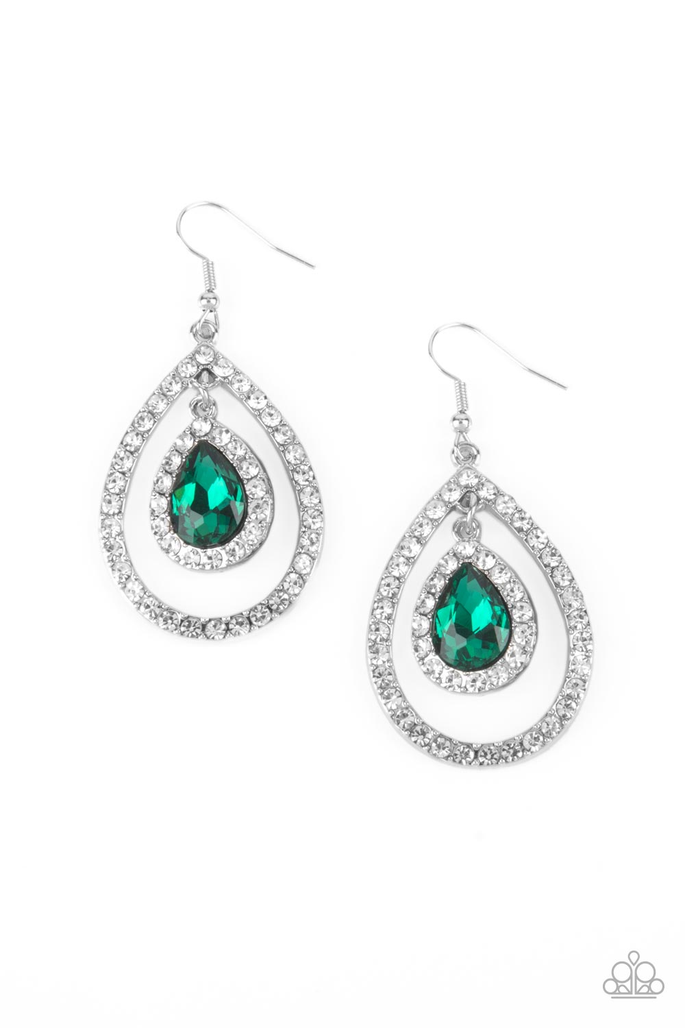 Blushing Bride - Green Teardrop Gem & White Rhinestone Paparazzi Earrings