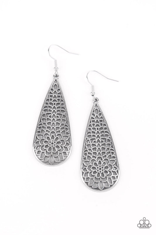 Posy Pasture - Silver Filigree Petal Oversized Teardrop Frame Paparazzi Earrings